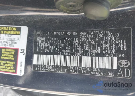 2013 Toyota Corolla S z USA, uszkodzony, nr VIN 2T1BU4EE9DC041439